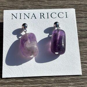 Nina Ricci Amethyst Stone Rhodium Plated Earrings NWOT